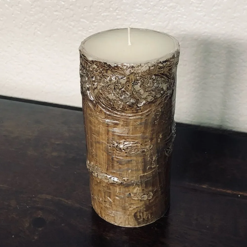 Modern Rustic Wood Bark Metallic Pillar Candle